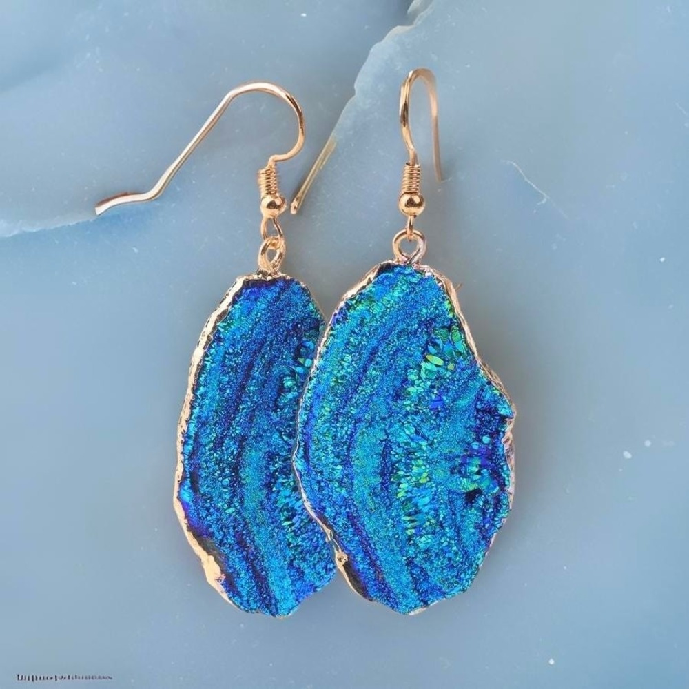 New Long Natural Crystal Geode Blue Iridescent Gold Bezel Earrings Quartz Druzy